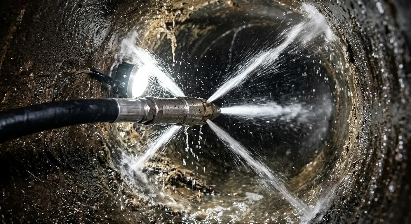 High-pressure hydro jetting nozzle cleaning sewer pipe for Sewer Cleanout in Mountain Home