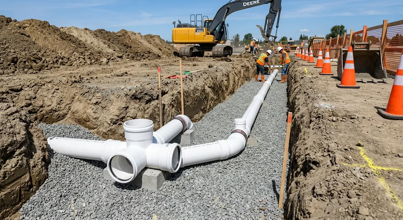 New PVC sewer pipe installation in open trench for Commercial Drain Cleaning in Mountain Home