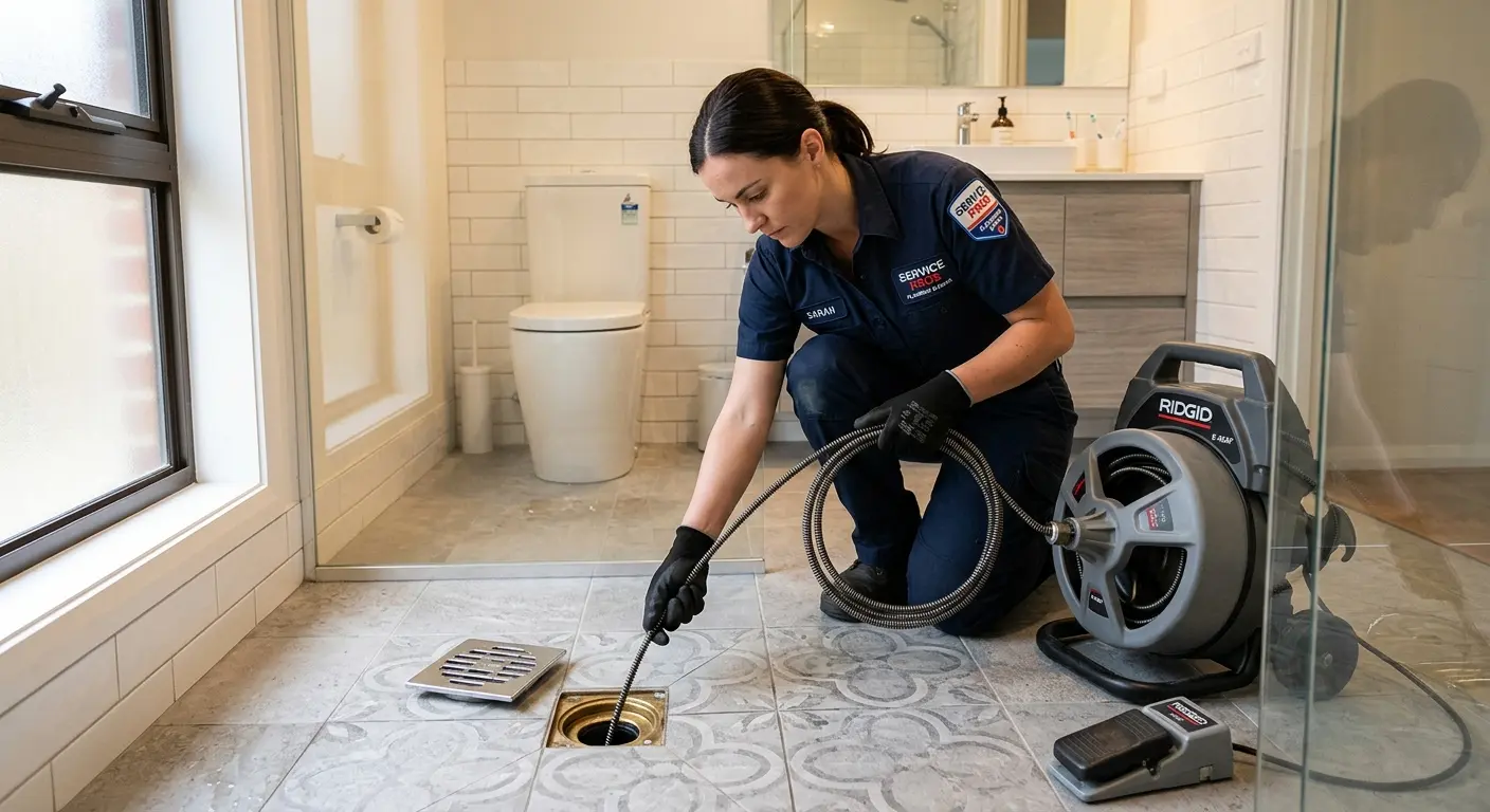 Technician clearing a bathroom floor drain for Hydro Jetting in Mountain Home
